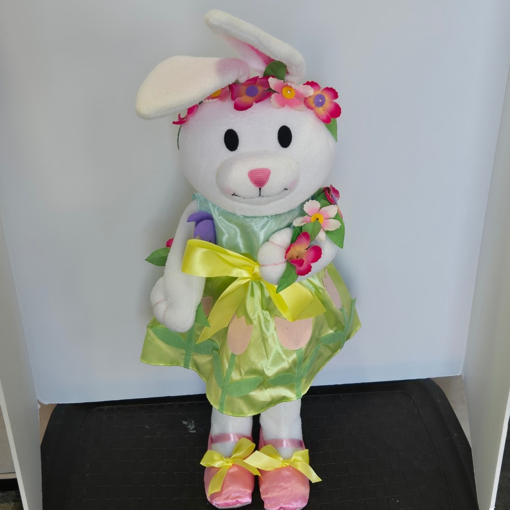 Avon‎ 2009 Vintage Easter Bunny Plush White Rabbit Green Tulip Dress Floral 28"